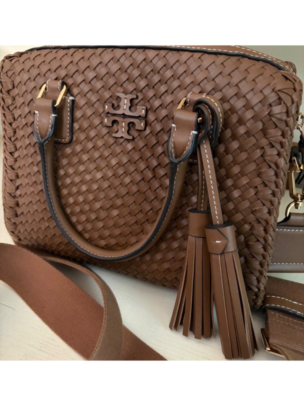 Tory Burch Thea Woven Leather McGraw Web Small Satchel Handbag Wide Crossbody Sh - Picture 4 of 16
